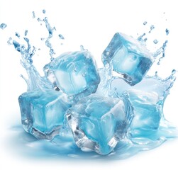Obraz premium Clear ice cubes cascade through splashing water, creating a cool and refreshing visual on a white background