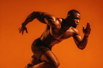 Muscular African American male athlete in a dynamic sprinting pose, showcasing power, strength, and determination against a vibrant orange studio background
