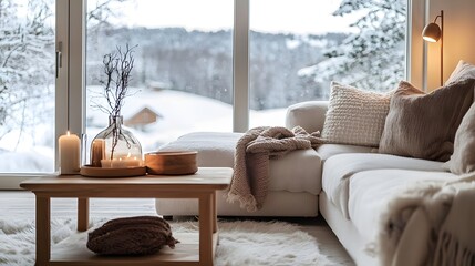 Cozy Scandinavian winter decor closeup white sofa corner candles branches vase knitted textures light wood table snowy window bokeh background hygge lifestyle (Interior Design)