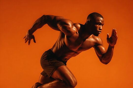 Muscular African American male athlete in a dynamic sprinting pose, showcasing power, strength, and determination against a vibrant orange studio background