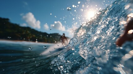 Obraz premium Surfing action captured through splashing water on a sunny day at the beach