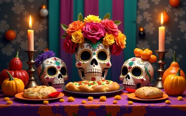 Ilustración de ofrenda altar mexicano en día de muertos. Calaveras, comida enchiladas, decoración, pan de muerto, decoración, papel picado, vela, pan de muertos y cempasúchil. High quality