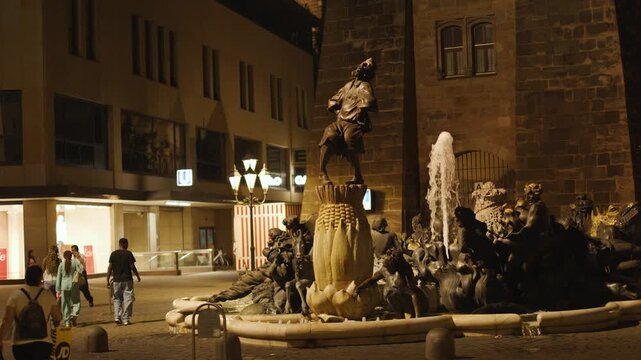Evening Walk Past Kornmarktbrunnen Fountain in Nuremberg Old Town