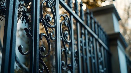 Detailed Close-Up of Ornate Wrought Iron Fence with Scrollwork and Patina Finish (Architectural Detail)