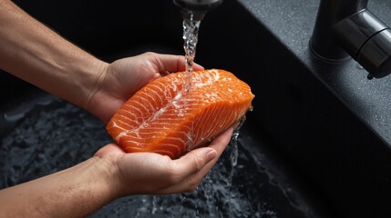 Fresh Salmon Fillet Rinsing in a Black Sink