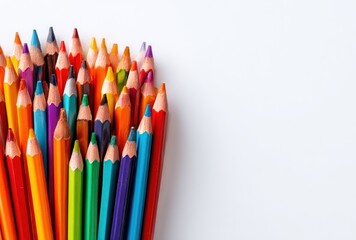 Fototapeta premium A cluster of brightly colored pencils of varying shades, huddled together on the left against a clean, bright white background