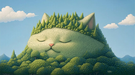 Whimsical cat-shaped mountain covered in lush greenery
