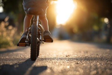 Child biking on road towards sunset, silhouette against warm light, shallow depth of field focusing on the bike and feet