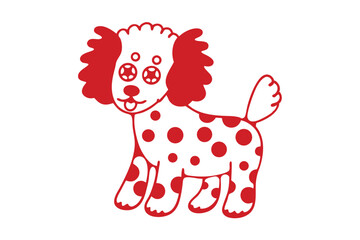 Cartoon poodle shows its tongue while standing with red spots on a white background