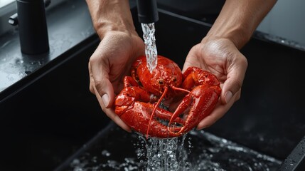Fresh Red Lobster Cleaning Under Running Water in Black Sink