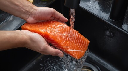 Fresh Salmon Fillet Rinsing in a Black Sink
