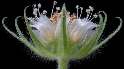Macro shot of a white flower's interior, showing delicate petals and stamens against a stark black background