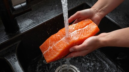 Fresh Salmon Fillet Rinsing in a Black Sink
