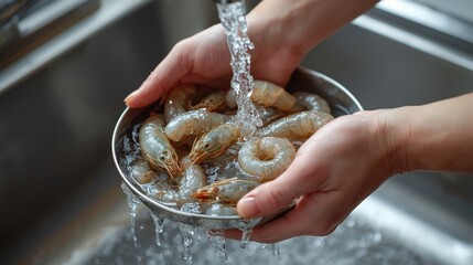 Fresh Shrimp Rinsing in a Stainless Steel Bowl