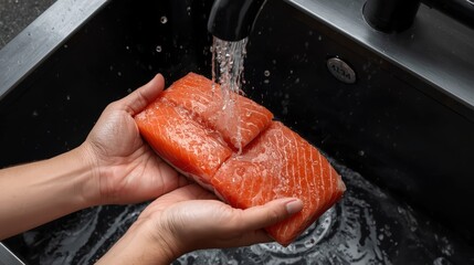 Fresh Salmon Fillet Rinsing in a Black Sink