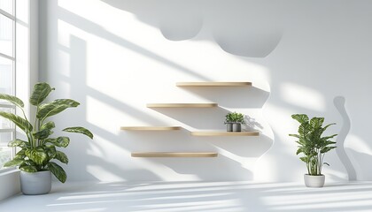 White-on-white ultra-minimal office with floating shelves and abstract backdrop