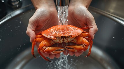 Fresh Red Crab Being Cleaned Under Running Water