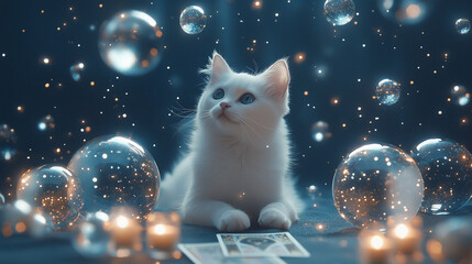 Enchanting white cat surrounded by magical bubbles and lights