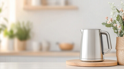 Modern stainless steel kettle in a bright kitchen setting