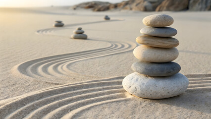 Stacked smooth stones on raked sand rocks balance