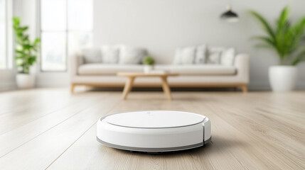 Modern robotic vacuum cleaner on a wooden floor in a stylish living room