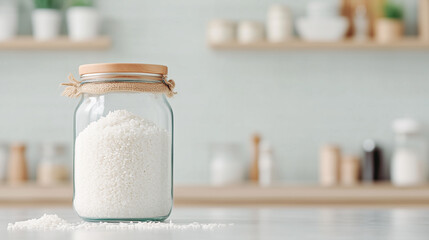 Glass jar of uncooked white rice in a modern kitchen