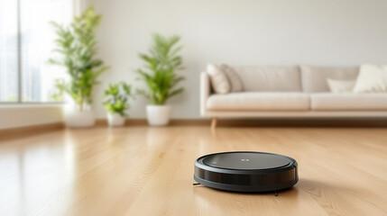 Modern robot vacuum cleaning a stylish living room