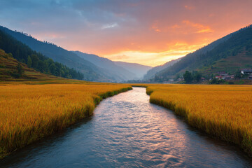 breathtaking sunset over lush rice fields in vietnam igniting sky with hues of orange and pink