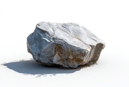 Isolated, large, gray, textured rock rests against a white backdrop with a faint shadow. Simple geology