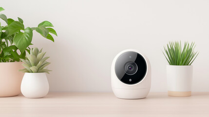 Modern home security camera with indoor plants on a shelf