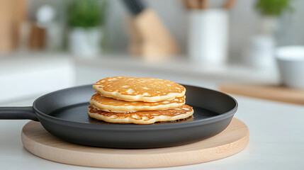 Fluffy pancakes stacked in a modern kitchen setting