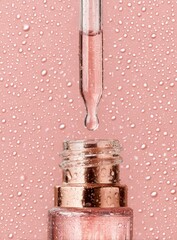Pink liquid dripping from glass dropper into a rose gold-topped bottle against a droplet-covered peach background