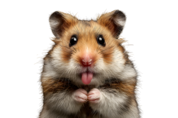 Adorable hamster sticking out tongue with funny expression isolated on transparent background