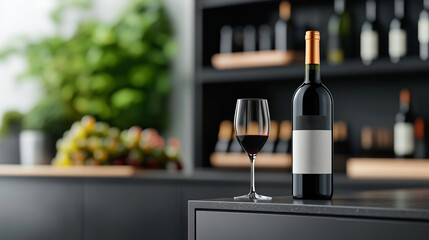 Elegant red wine bottle and glass in modern setting