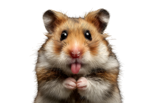 Adorable hamster sticking out tongue with funny expression isolated on transparent background