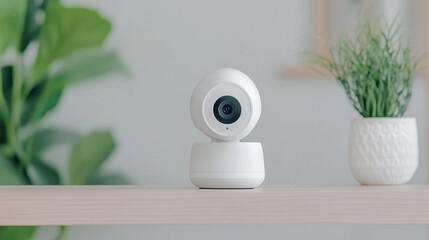 Modern home security camera on a minimalist shelf