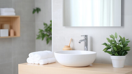 Modern bathroom sink with elegant decor and greenery