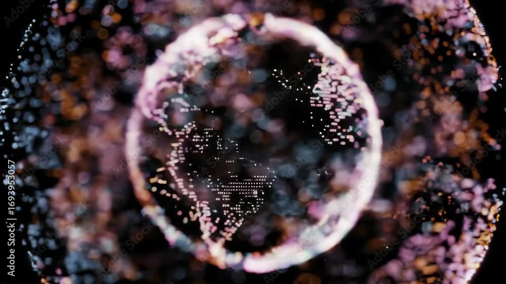 Poster abstract particle sphere with glowing dots and data flow, technology concept background.