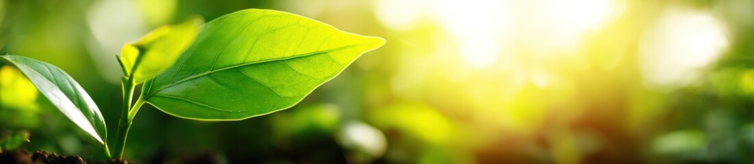 Close-up on a vibrant green seedling emerging from soil, bathed in warm sunlight. Symbolizing growth, nature, and new beginnings