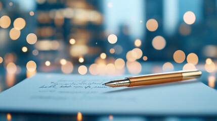 Elegant fountain pen on letter with blurred city lights