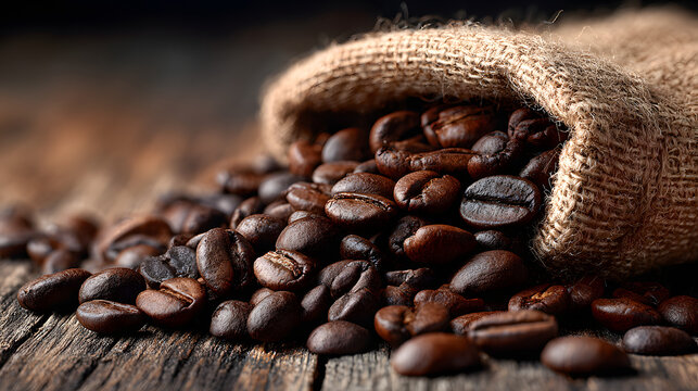 Roasted coffee beans spilling from a burlap sack ont a rustic wooden table illminated by warm natural liht creating an inviting an earthy