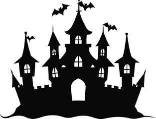 Haunted Castle Vector Silhouette. Spooky Gothic Architecture, Halloween Horror Background Element for Digital Scrapbooking, Book Covers, and Party Invitations