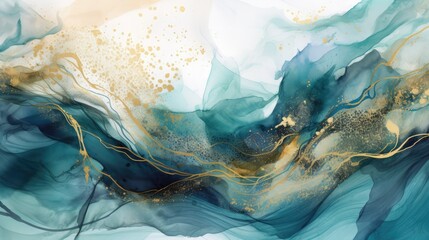 A captivating watercolor abstract painting in vibrant hues of blue, teal, and gold, with soft gradients and splashes blending harmoniously