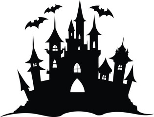 Haunted Castle Vector Silhouette. Spooky Gothic Architecture, Halloween Horror Background Element for Digital Scrapbooking, Book Covers, and Party Invitations