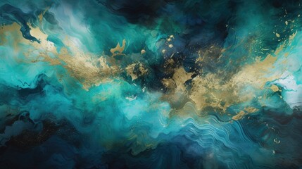Obraz premium A captivating watercolor abstract painting in vibrant hues of blue, teal, and gold, with soft gradients and splashes blending harmoniously