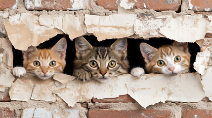 Three playful kittens peeking through a brick wall