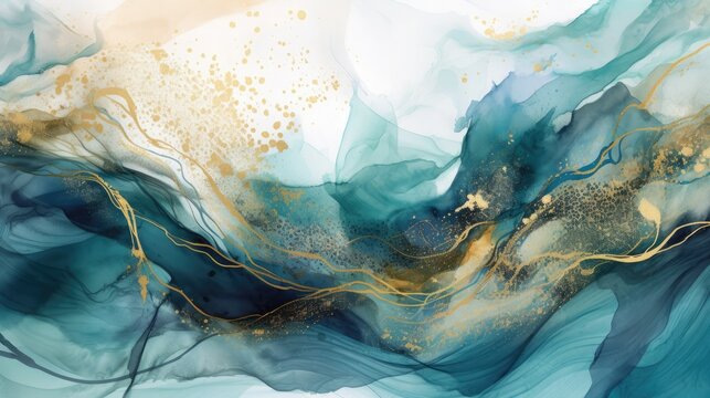 A captivating watercolor abstract painting in vibrant hues of blue, teal, and gold, with soft gradients and splashes blending harmoniously - Powered by Adobe