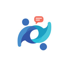 This vibrant abstract logo features two stylized human figures intertwined with a flowing design, symbolizing dynamic communication and strong community connection.