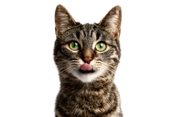 Cute tabby cat licking nose with green eyes isolated on transparent background