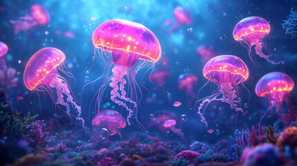 Ethereal jellyfish illuminating an underwater scene